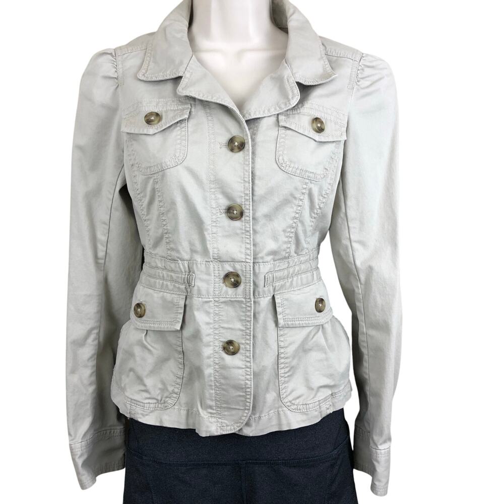 Ann Taylor Loft Khaki Collared Utility Cargo Jacket Adjustable Drawstring Waist